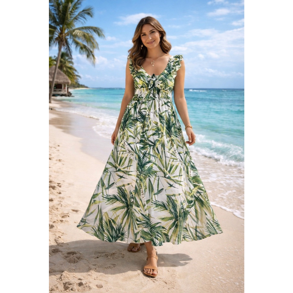 Women's Taylor Maxi Dress Size 10 White Green Palm Leaf Print clearance